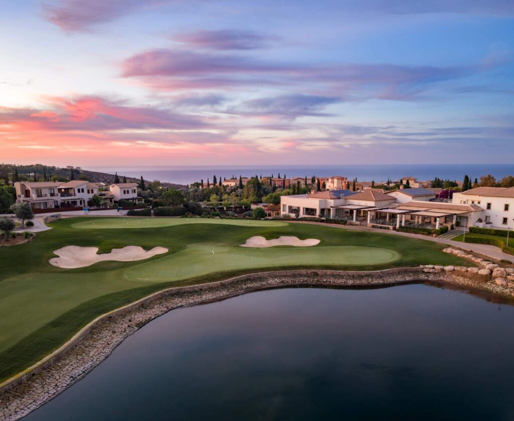 Golf player sunset course Cyprus landscape