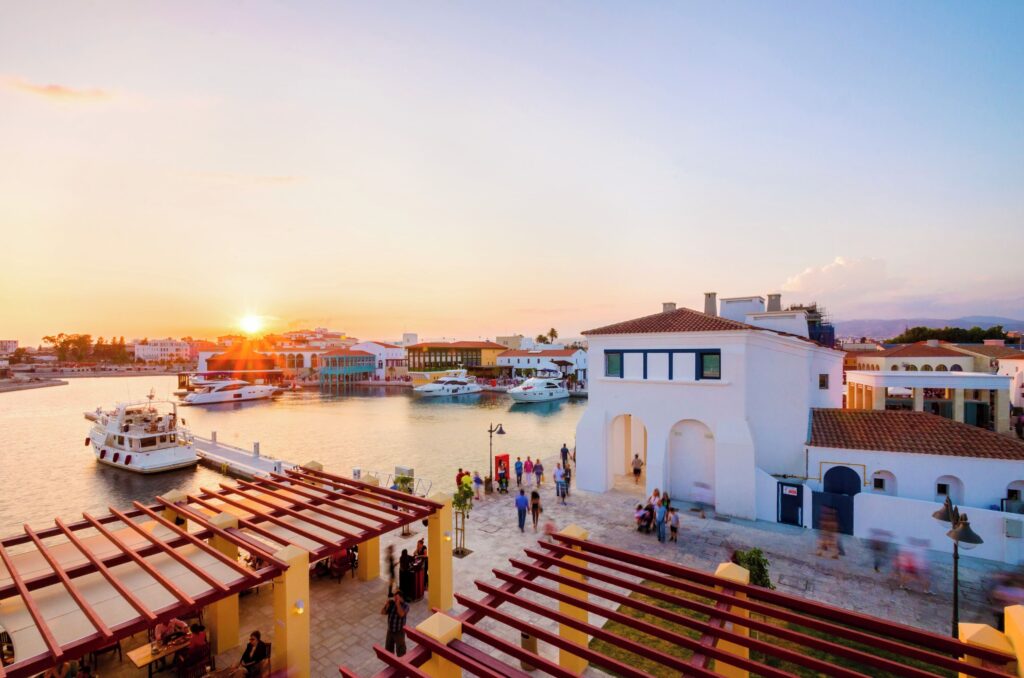 Limassol marina restaurants at sunset Cyprus