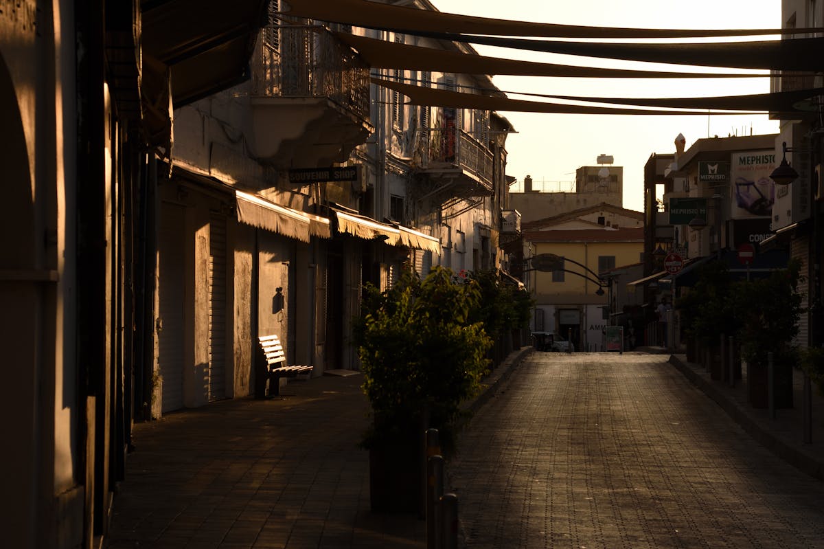 Narrow alleyway in Limassol old town at sunset