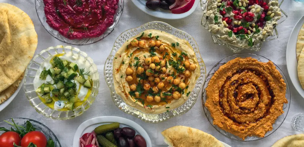 Syrian mezze platter hummus falafel grilled meat